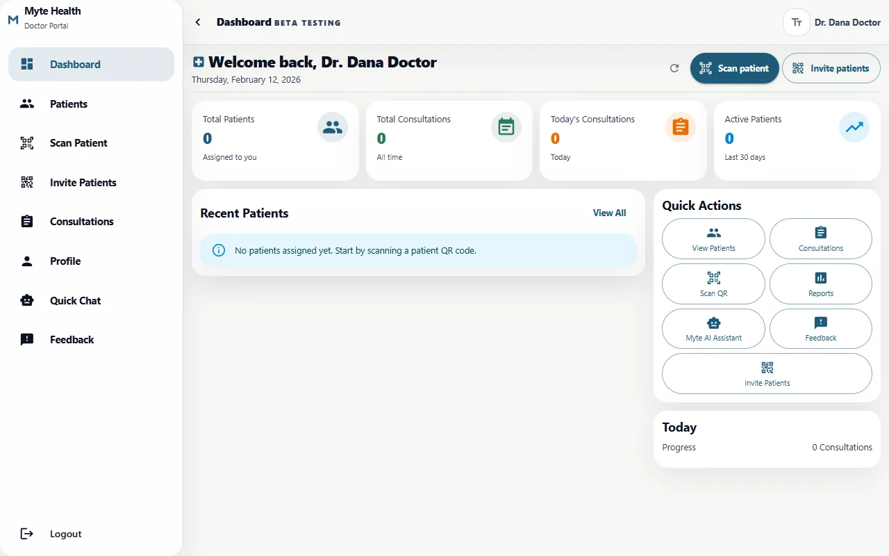 Myte Health doctor portal with patient invitations, consultations and an empty demonstration patient list.