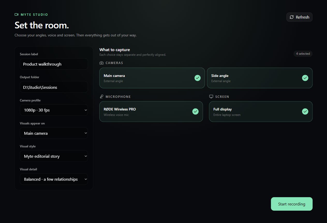 Myte Studio recording setup with sample camera and microphone selections, screen capture, video profile and visual style controls.